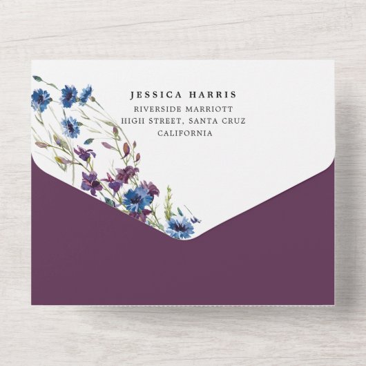 Dusty Royal Blue Paarse Bllom bruiloft All In One Uitnodiging (Achterkant)