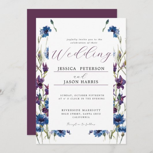 Dusty Royal Blue Paarse Bloom Bloemen Bruiloft Inv Kaart (Voorkant / Achterkant)