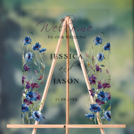 Dusty Royal Blue Paarse Bloom Bruiloft Welkom Acryl Bord