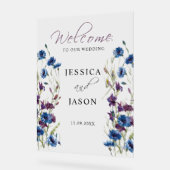 Dusty Royal Blue Paarse Bloom Bruiloft Welkom Acryl Bord (Hoek)