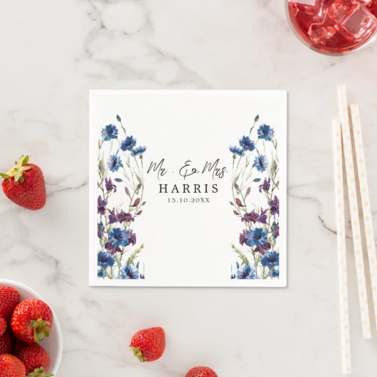 Dusty Royal Blue Paarse Bloom Wedding Servet (Insitu)