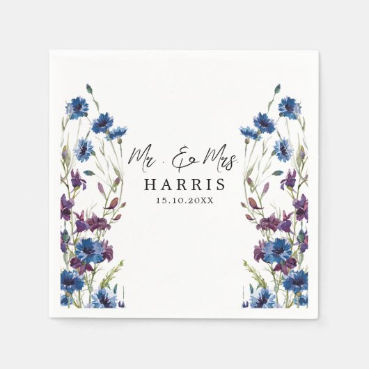 Dusty Royal Blue Paarse Bloom Wedding Servet (Voorkant)