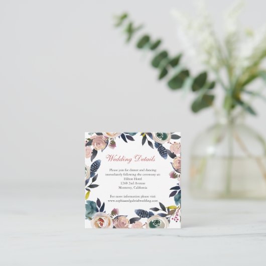 Dusty Roze Blauw Bloemen Bruiloft Details Informatiekaartje (Staand voorkant)