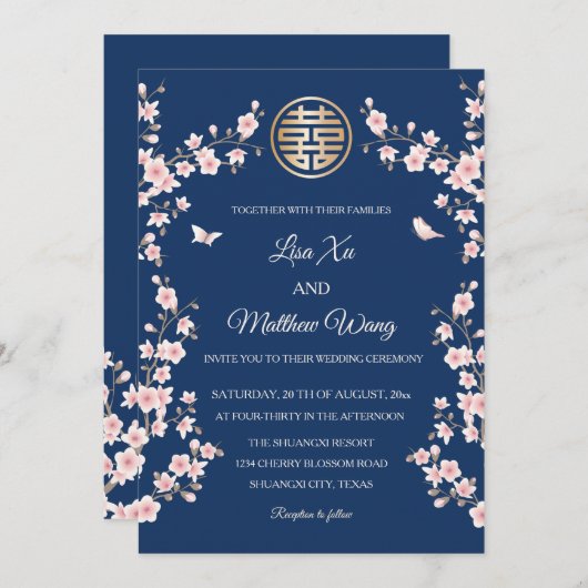 Dusty Roze Blauwe Kersenbloesem Chinese Bruiloft Kaart (Voorkant / Achterkant)