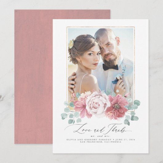 Dusty roze bloemenbruiloft dank u kaart (Voorkant / Achterkant)