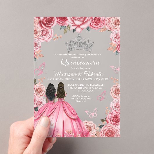 Dusty roze bloemenvlinder tweeling meisje quincean acryl uitnodigingen (Insitu (Draagbaar))