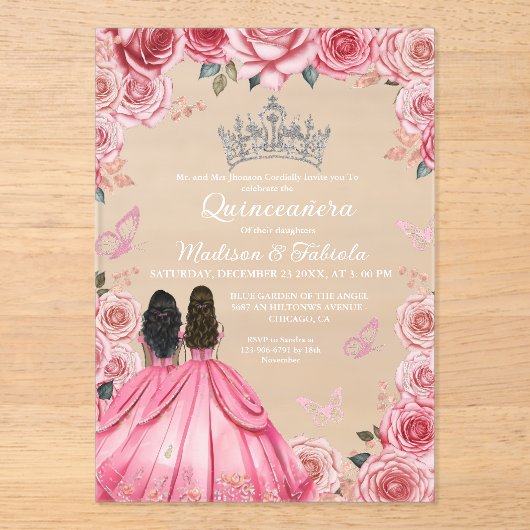 Dusty roze bloemenvlinder tweeling meisje quincean acryl uitnodigingen (Voorkant)
