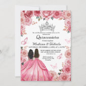 Dusty roze bloemenvlinder tweeling meisje quincean kaart (Voorkant)