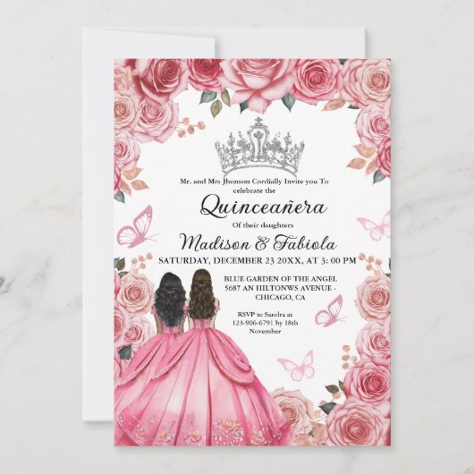 Dusty roze bloemenvlinder tweeling meisje quincean kaart (Voorkant)