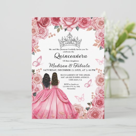 Dusty roze bloemenvlinder tweeling meisje quincean kaart (Staand voorkant)