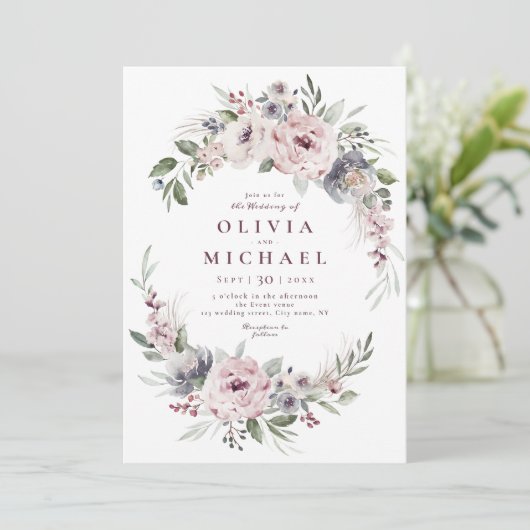 Dusty roze boho floral rustige bruiloft kaart (Staand voorkant)