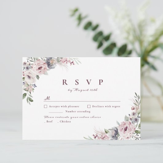 Dusty roze boho floral rustige bruiloft RSVP kaartje (Staand voorkant)