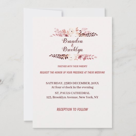 Dusty roze Champagne Floral Wedding Invitation Kaart (Voorkant)