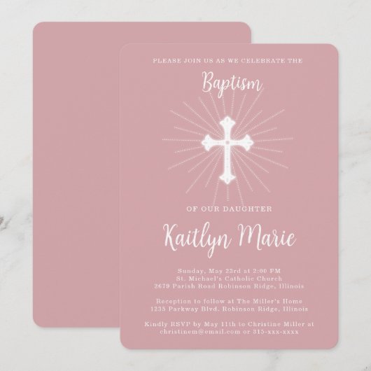Dusty Roze Doop voor Dochter met Kruis Kaart (Voorkant / Achterkant)