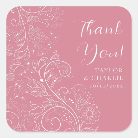 Dusty roze elegante bloemenbruiloft dank u vierkante sticker (Voorkant)