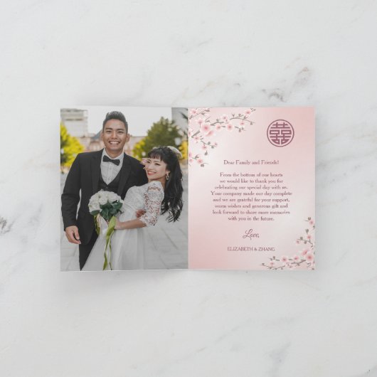 Dusty roze foto Chinese bruiloft dank u Bedankkaart (Binnen)