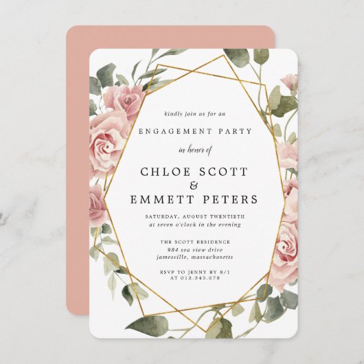 Dusty Roze Geometric Lijst Engagement Party Kaart (Voorkant / Achterkant)