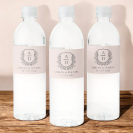 Dusty roze monogram bruiloft bloemenkam waterfles etiket