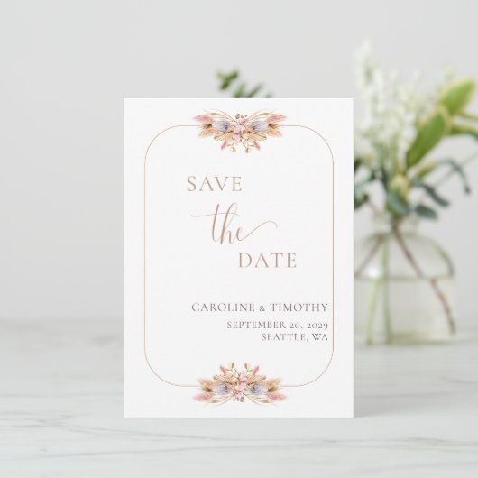 Dusty roze pampas grass sparen de Datum aankondigi Kaart (Staand voorkant)