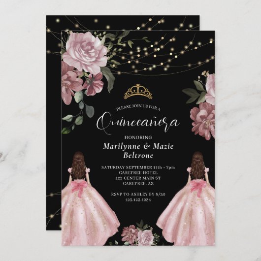 Dusty roze prinses bloementweeling quinceañera kaart (Voorkant / Achterkant)