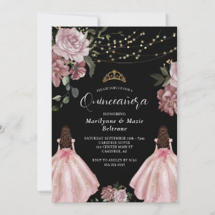 Dusty roze prinses bloementweeling quinceañera kaart