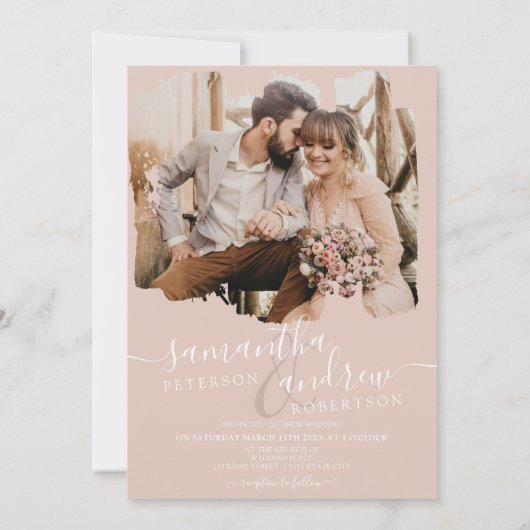 Dusty roze pushlijnscript 2 foto's bruiloft kaart (Achterkant)