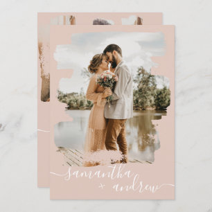 Dusty roze pushlijnscript 2 foto's bruiloft kaart