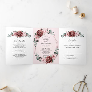 Dusty roze Roos Floral Geometric Wedding Tr Drieluik Aankondiging