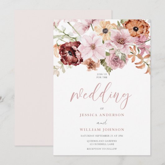 Dusty Roze Rose Waterverf Bloemen Bruiloft Kaart (Voorkant / Achterkant)