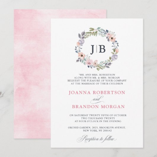 Dusty roze Roses Midzomer Floral Wedding Kaart (Voorkant / Achterkant)