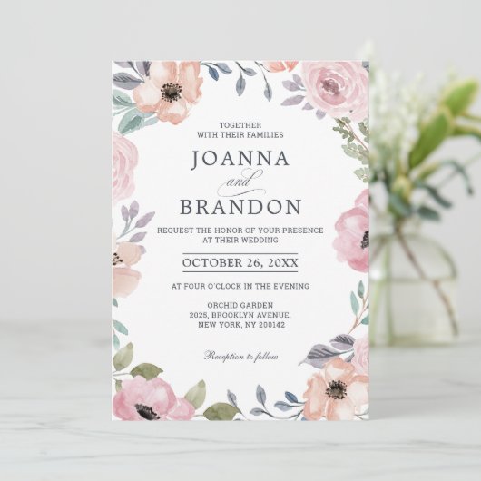 Dusty roze Roses Midzomer Floral Wedding Kaart (Staand voorkant)