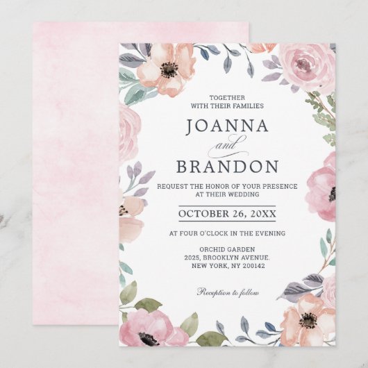 Dusty roze Roses Midzomer Floral Wedding Kaart (Voorkant / Achterkant)