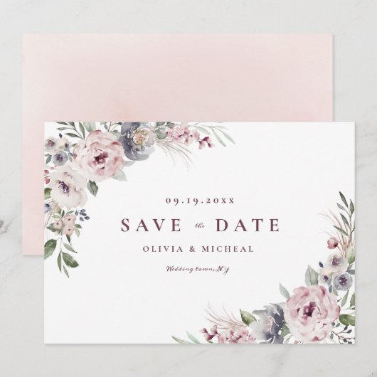 Dusty roze roze boho floral save the date (Voorkant / Achterkant)