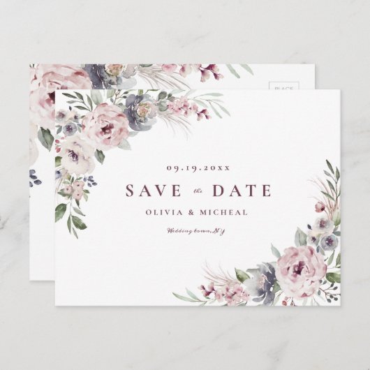 Dusty roze roze boho floral save the date aankondigingskaart (Voorkant / Achterkant)
