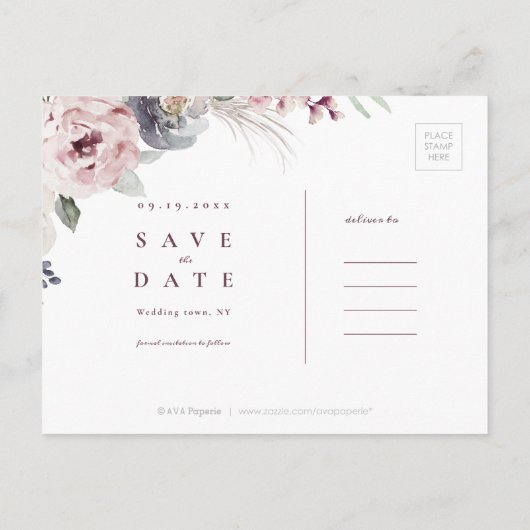 Dusty roze roze boho floral save the date aankondigingskaart (Achterkant)