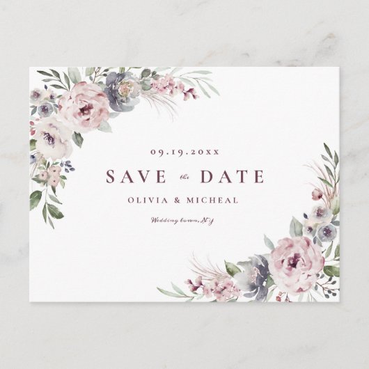 Dusty roze roze boho floral save the date aankondigingskaart (Voorkant)