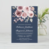 Dusty roze rozen foto marineblauw QR-code bruiloft Kaart (Staand voorkant)