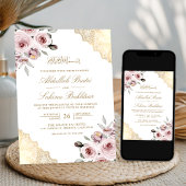 Dusty Roze Rozen Goud Kant QR Code Moslim Bruiloft Kaart