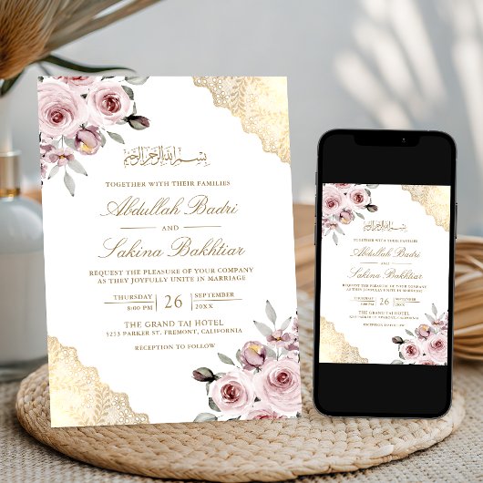 Dusty Roze Rozen Goud Kant QR Code Moslim Bruiloft Kaart