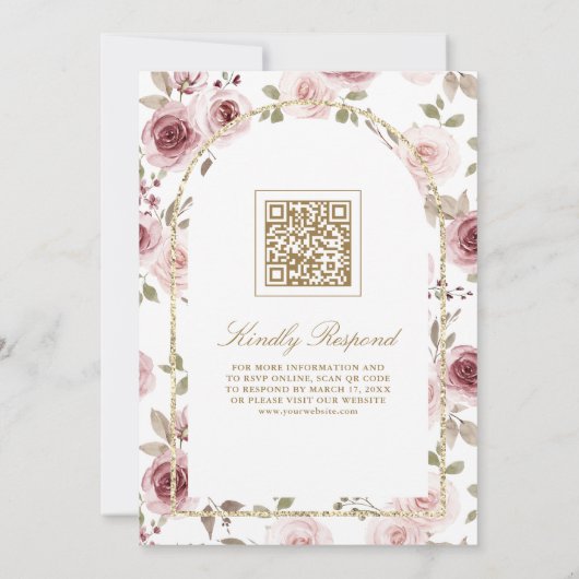 Dusty Roze Rozen Goud Kant QR Code Moslim Bruiloft Kaart (Achterkant)