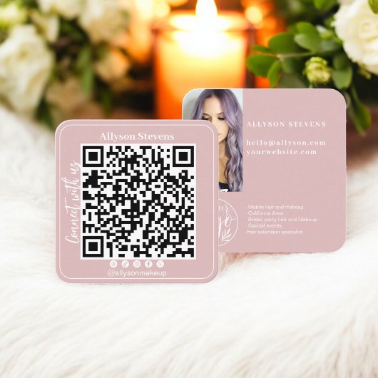 Dusty roze Social Media QR Code Foto Logo Vierkante Visitekaartje