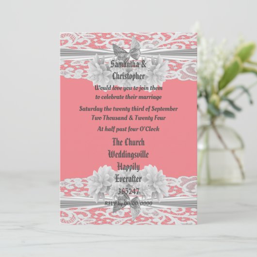 Dusty roze uitnodiging voor de bruiloft van witte  (Staand voorkant)