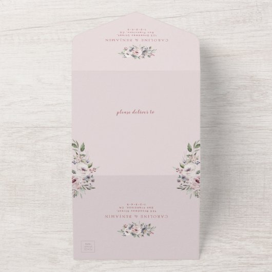 Dusty roze waterverf floral boho bruiloft all in one uitnodiging (Buitenkant)