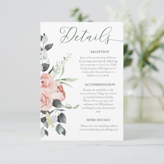 Dusty Rozen Eucalyptus bruiloft details Informatiekaartje (Staand voorkant)