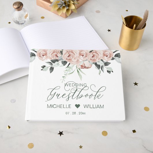 Dusty Rozen Eucalyptus Elegant Script Wedding Gastenboek (Voorkant open)