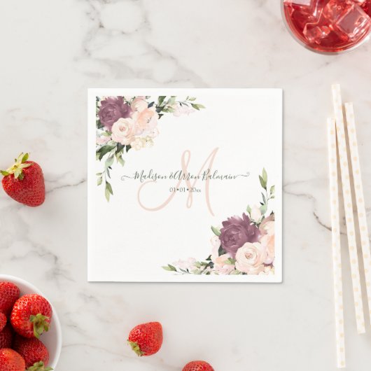Dusty Rozen Monogram Floral Waterverf Servet (Insitu)