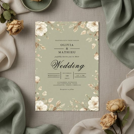 Dusty Sage Botanical Romance Wedding Kaart