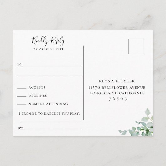 Dusty Sage Botanical Wedding RSVP Song Aanvraag Uitnodiging Briefkaart (Achterkant)