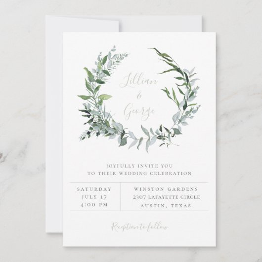 Dusty Sage Botanical Wreath Wedding Invitation Aankondiging (Voorkant)