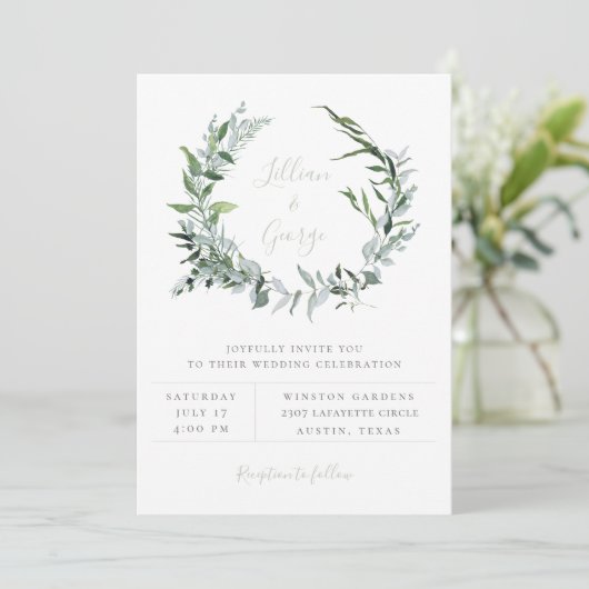 Dusty Sage Botanical Wreath Wedding Invitation Aankondiging (Staand voorkant)